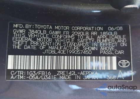 2009 Toyota Corolla Le из США, поврежденный, VIN JTDBL40E199057450